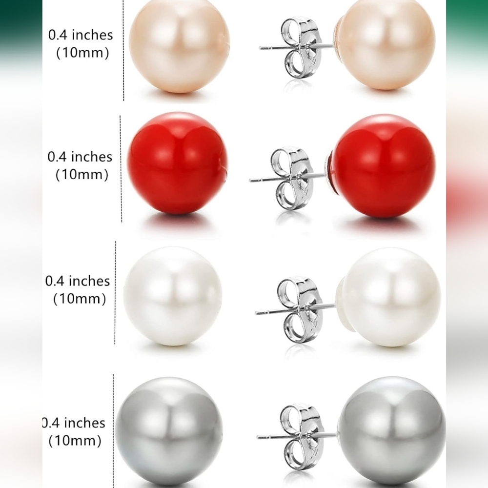 Elegant Pearl Stud Earrings Set - Red, White, Silver